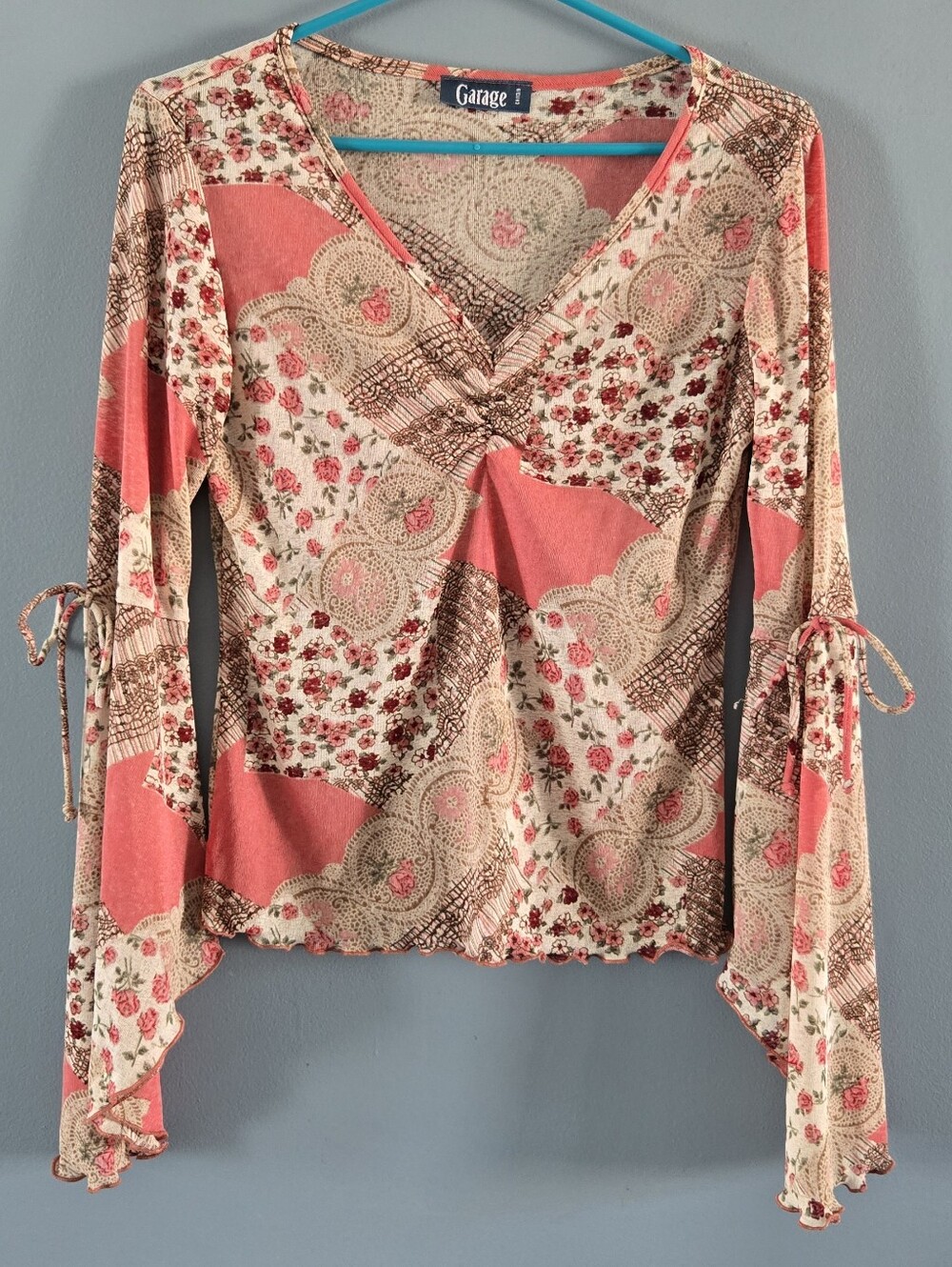 Vintage Coral and Cream Floral Patchwork V-Neck Blouse By Garage